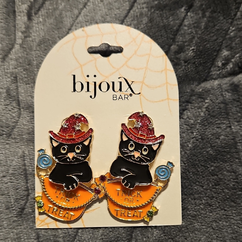 Bijoux Bar Kids Black Cat Halloween Stud Earrings - Orange & Red Accents